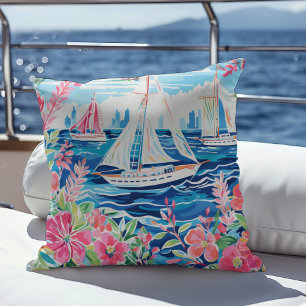 Watercolor Sailboats Coastal Pink Floral Cityscape Cushion