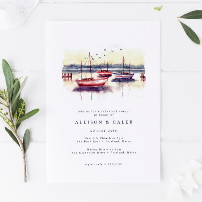Watercolor Sailboats Harbour Ocean Rehearsal Dinne Invitation (Creator Uploaded)