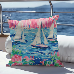 Watercolor Sailboats Pink Floral Preppy Coastal Cushion