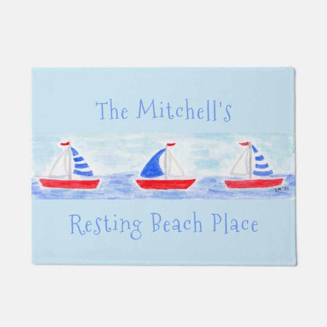 Watercolor Sailboats Resting Beach Place Doormat (Front)