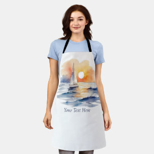 Watercolor Sailing Sailboat Nautical Sunset Ocean Apron
