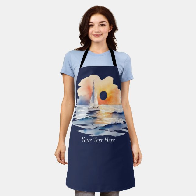 Watercolor Sailing Sailboat Nautical Sunset Ocean  Apron (Worn)