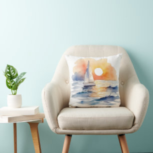 Watercolor Sailing Sailboat Nautical Sunset Ocean Cushion