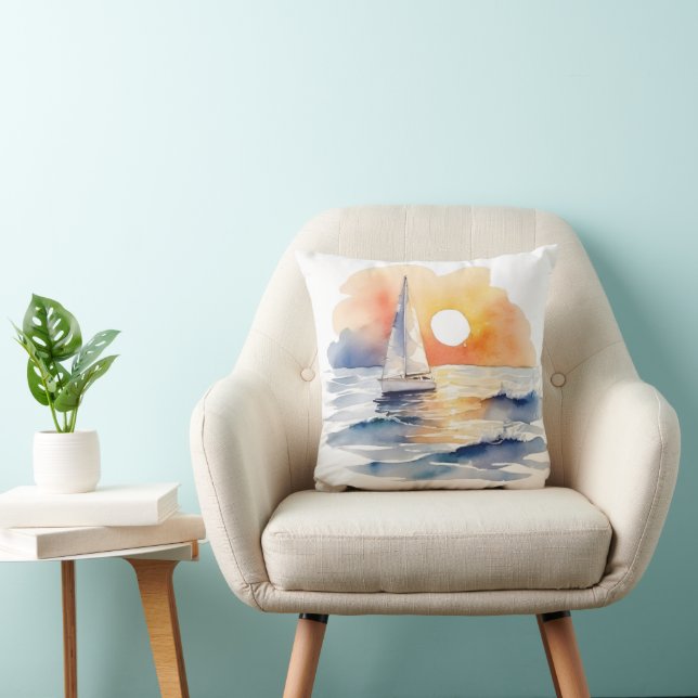 Watercolor Sailing Sailboat Nautical Sunset Ocean Cushion (Chair)