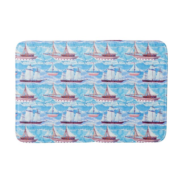 Watercolor Sailing Ships Pattern Bath Mat (Front)