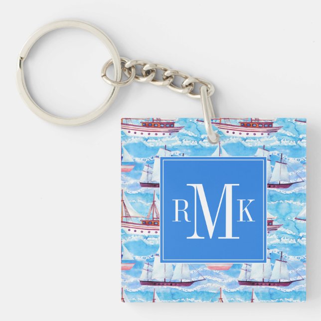 Watercolor Sailing Ships Pattern Key Ring (Front)