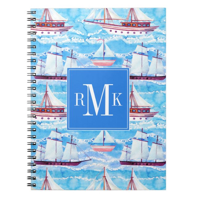 Watercolor Sailing Ships Pattern Spiral Notebook (Front)