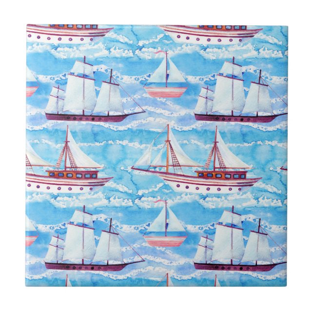 Watercolor Sailing Ships Pattern Tile (Front)