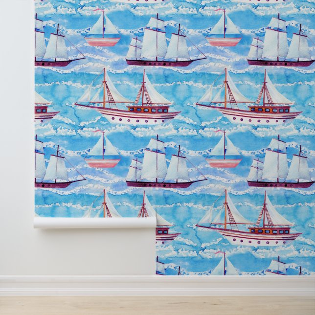 Watercolor Sailing Ships Pattern Wallpaper (Application)