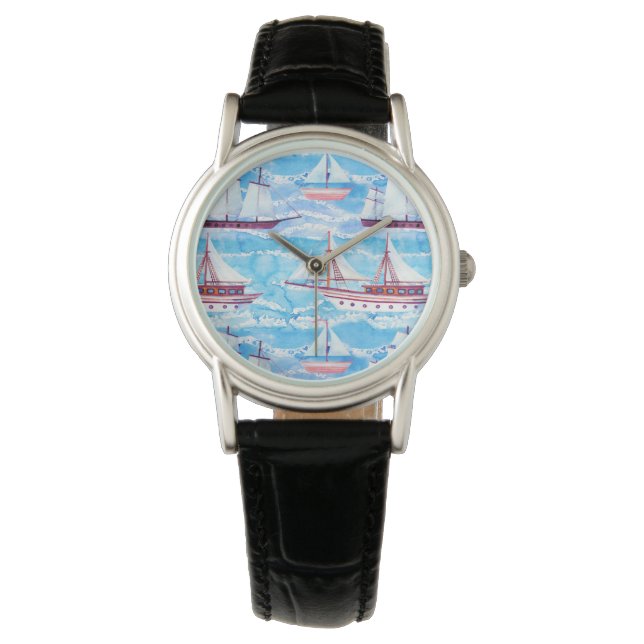 Watercolor Sailing Ships Pattern Watch (Front)