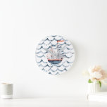 Watercolor Sailor Red And Blue Monogram Round Clock<br><div class="desc">Our "Sail Away Kid's Birthday Party" collection features watercolor illustrations of sail boats,  a sailor bunny and underwater animals in a beautiful red and blue combination. All information is in a typewriter font ready for easy customisation. Check our store for more matching items.</div>