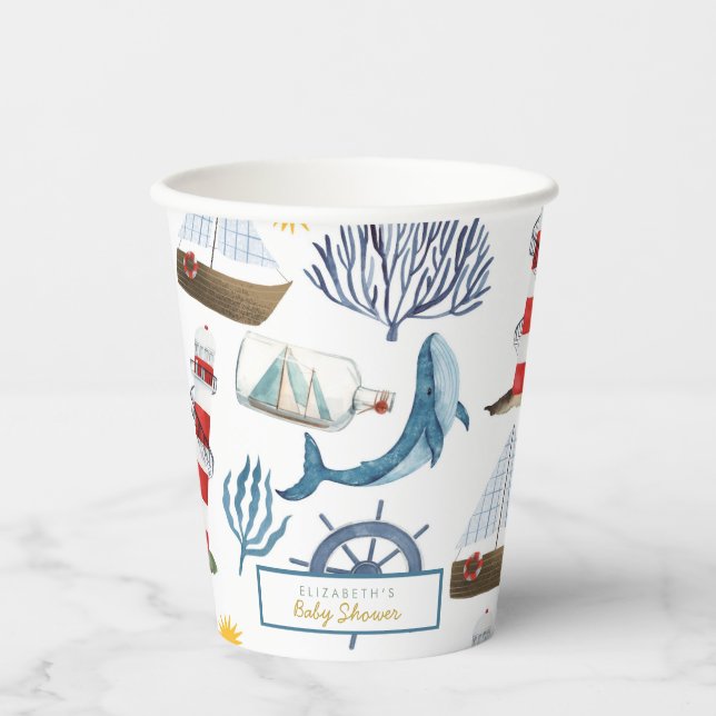 Watercolor Sailor Whale Sea Baby Shower  Paper Cups (Front)