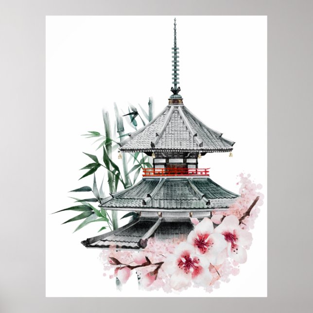 Watercolor Sakura Blossom Bamboo Japanese Temple   Poster (Front)
