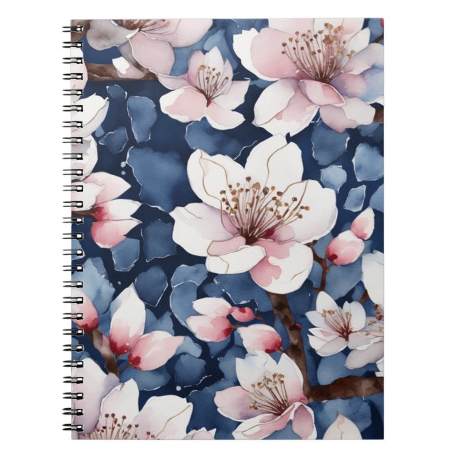 Watercolor Sakura Floral Navy Blue Elegant Spiral  Notebook (Front)