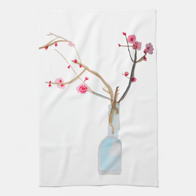 Watercolor sakura pink cherry blossom tea towel (Vertical)