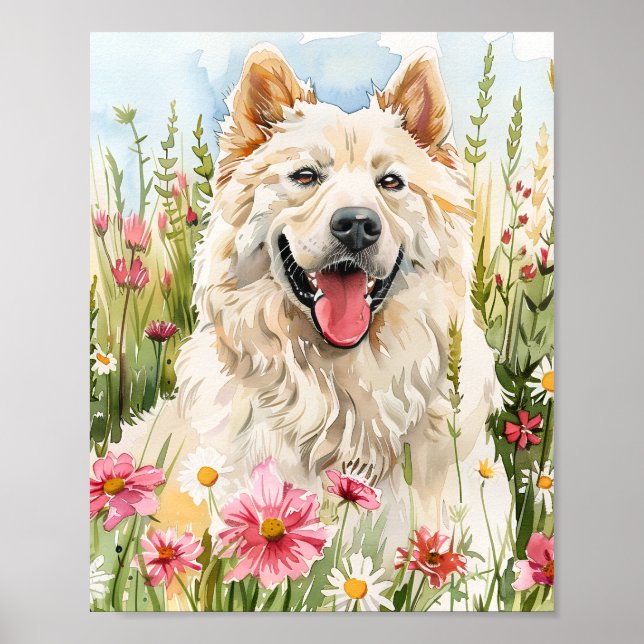 Watercolor Samoyed Portrait with Pink Flowers Poster (Front)