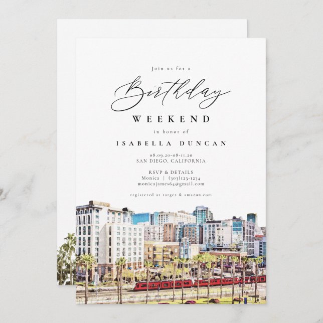 Watercolor San Diego California Skyline Birthday Invitation (Front/Back)