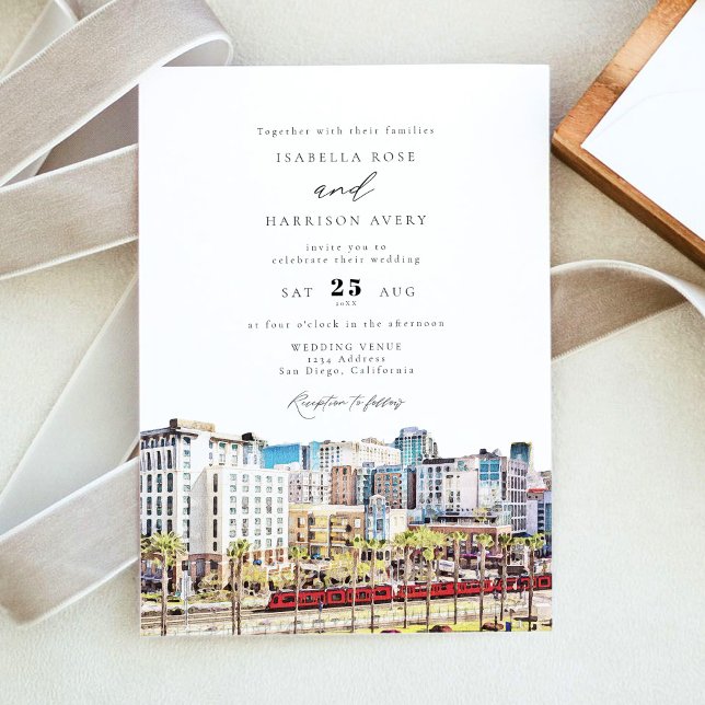 Watercolor San Diego California Skyline Wedding Invitation (Creator Uploaded)
