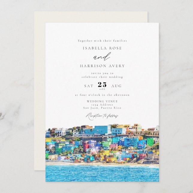 Watercolor San Juan Puerto Rico Buildings Wedding Invitation (Front/Back)