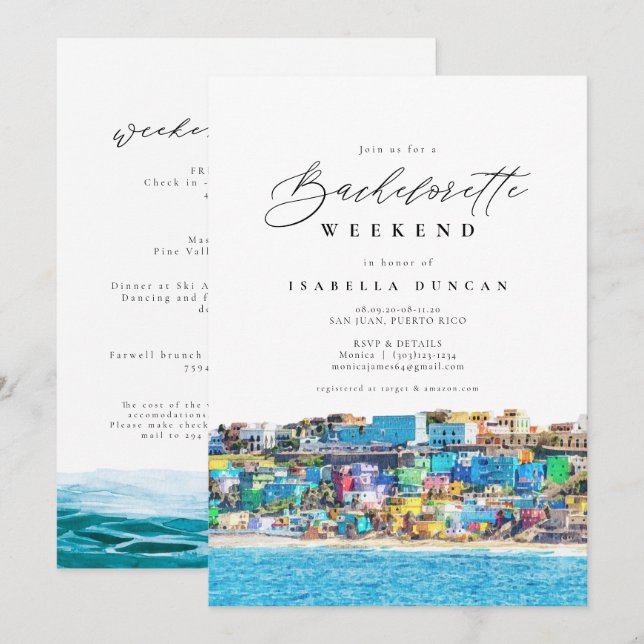 Watercolor San Juan Puerto Rico Skyline Beach Invitation (Front/Back)