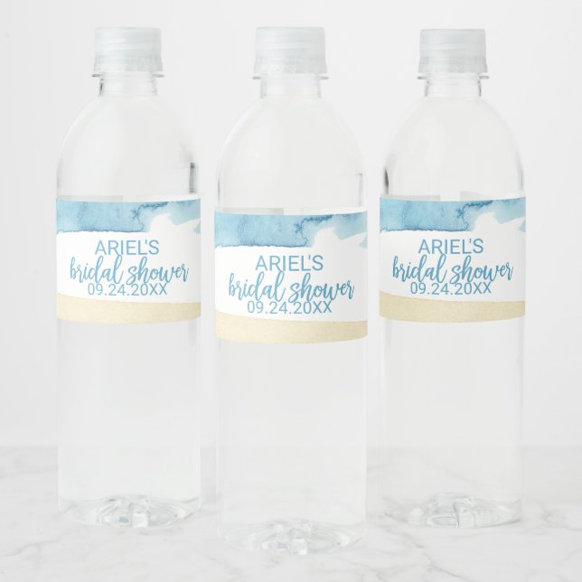 Watercolor Sand and Sea Bridal Shower Water Bottle Label (Bottles)