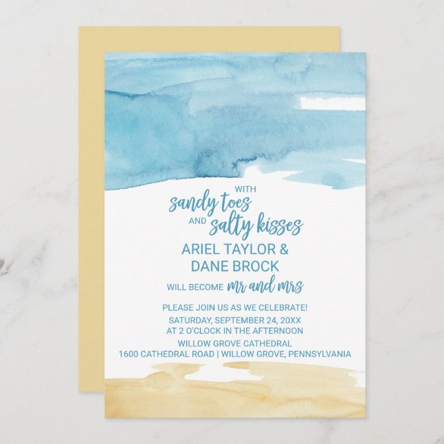 Watercolor Sand and Sea Salty Kisses Wedding Invitation (Front/Back)