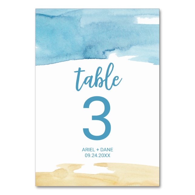 Watercolor Sand and Sea Table Number (Front)
