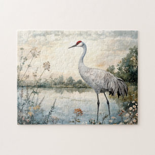 Watercolor Sandhill Crane on a Pond Jigsaw Puzzle