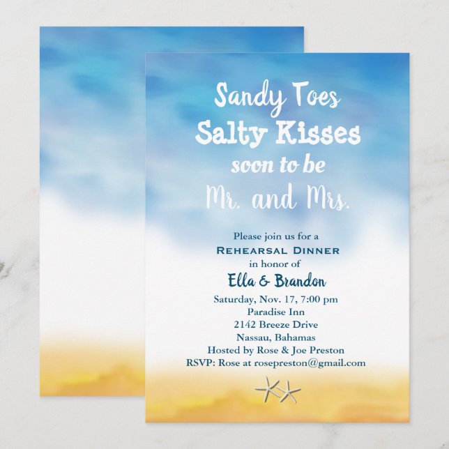 Watercolor Sandy Toes Rehearsal Dinner sky & sand Invitation (Front/Back)