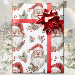 Watercolor Santa Christmas Country Cottage Wrapping Paper