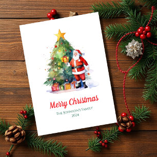 Watercolor Santa Christmas Tree Non Photo Holiday Card