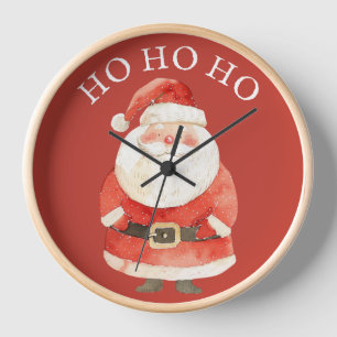 Watercolor Santa Claus HO HO HO Cute Christmas Red Clock