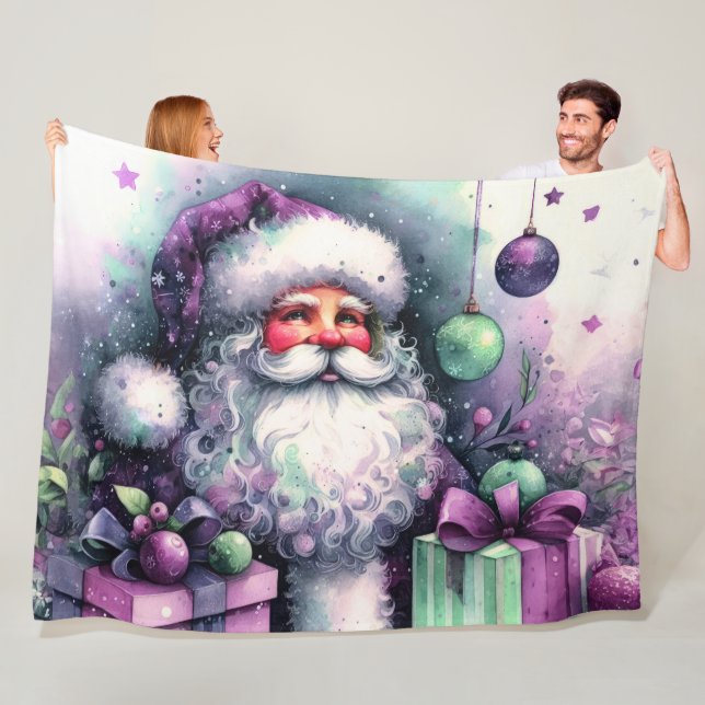 Watercolor Santa Claus Purple Green Gifts Fleece Blanket (In Situ)