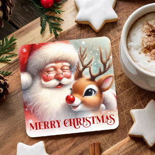 Watercolor Santa Claus Rudolph Christmas Coasters