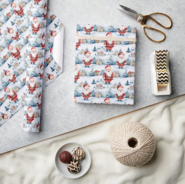 Watercolor Santa Claus with Christmas presents Wrapping Paper (Crafts)