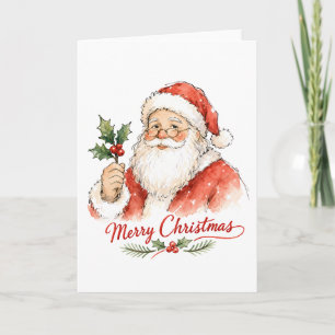 Watercolor Santa Claus with Holly Card