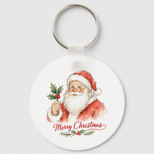 Watercolor Santa Claus with Holly Key Ring