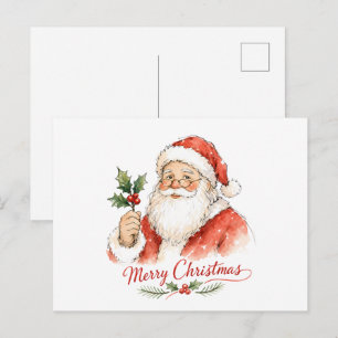 Watercolor Santa Claus with Holly Postcard