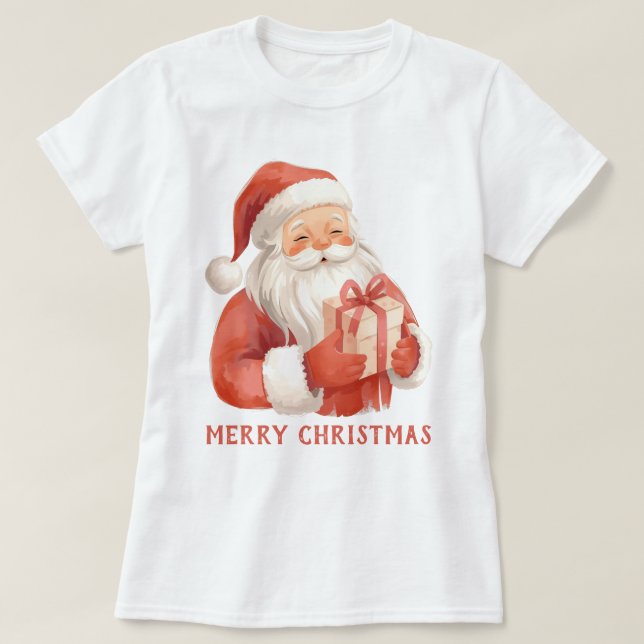 Watercolor Santa Clause With Gift Custom T-Shirt (Design Front)