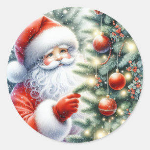 Watercolor Santa Decorates Christmas Tree Classic Round Sticker