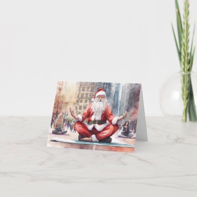 Watercolor Santa doing Yoga in NYC Holiday Card (Front)