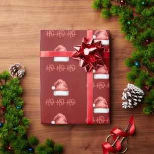 Watercolor Santa Hat Ho Ho Ho Christmas Festive Wrapping Paper