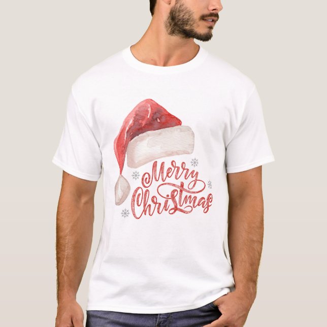 Watercolor Santa Hat "Merry Christmas" Design T-Shirt (Front)