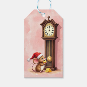 Watercolor Santa Mouse with a Grandfather Clock Gift Tags