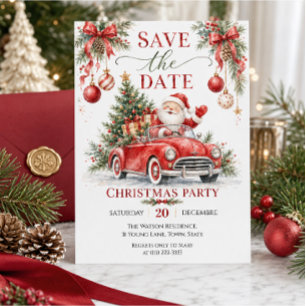 Watercolor Santa Red Car Christmas Party Save the Invitation