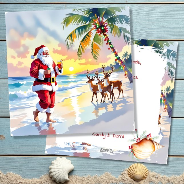 Watercolor Santa & Reindeer on the Beach Christmas Holiday Card (Creator Uploaded)