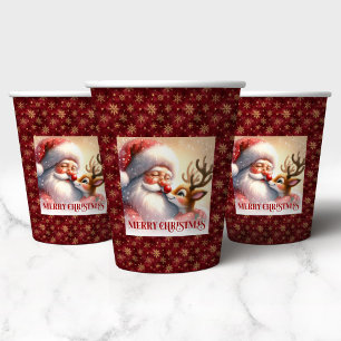 Watercolor Santa Rudolph Holiday Paper Drink Cup