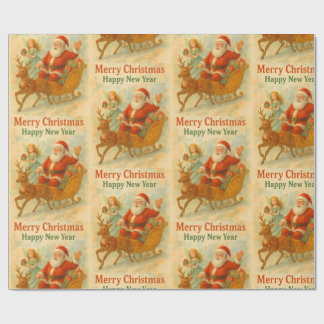 Watercolor Santa Sleigh Vintage Christmas Wrapping Paper