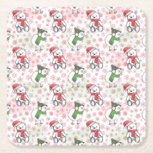 Watercolor santa teddy bear and birdie Christmas Square Paper Coaster