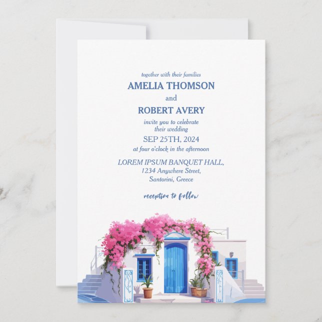 Watercolor Santorini Destination Greece Wedding Invitation (Front)